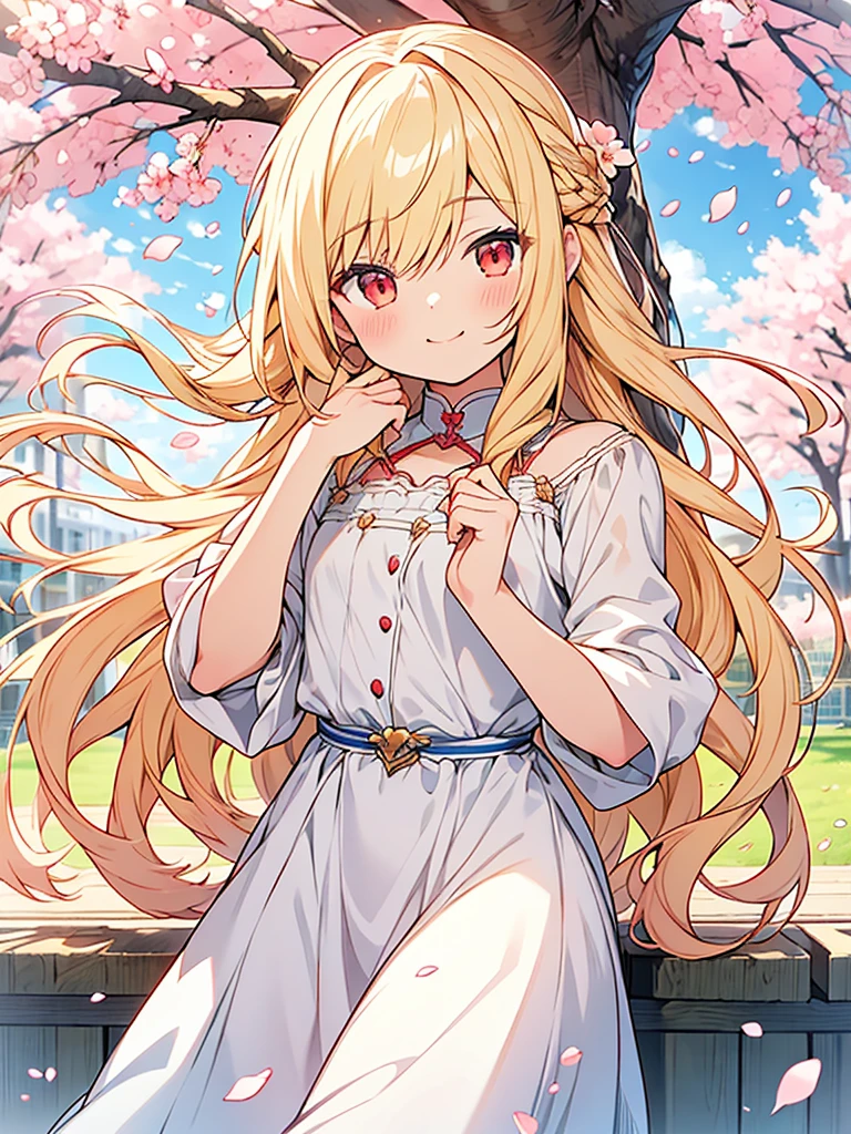 anime, cute young boy, beautiful CG illustration, long blonde hair, red eyes, soft sunlight, motherly smile, fun, bright, flat body, energetic boy, cute boy, cute face, fashion magazine cover, model pose , reader model, curtain clothes, spring style, cherry blossoms, young leaves, whole body,