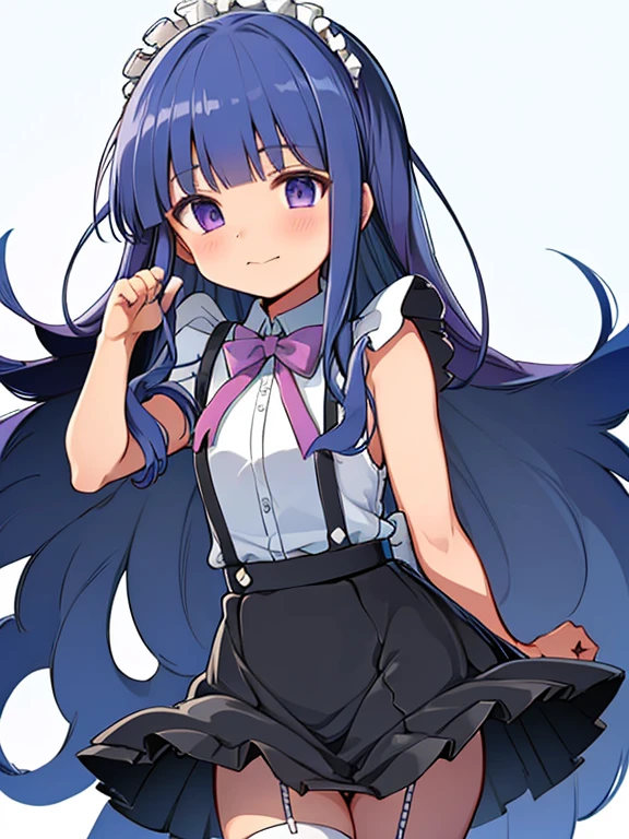 UHD, (furude rika), long hair, blue hair, purple eyes, apron, black ribbon, black skirt, black sleeves, detached collar, detached sleeves, flower, frilled apron, frilled skirt, frills, head wreath, long sleeves, maid, midi skirt, neck ribbon, purple ribbon, ribbon, ribbon trim, ribbon-trimmed sleeves, roswaal mansion maid uniform, skirt, thighhighs, waist apron, white apron, white thighhighs, big head,