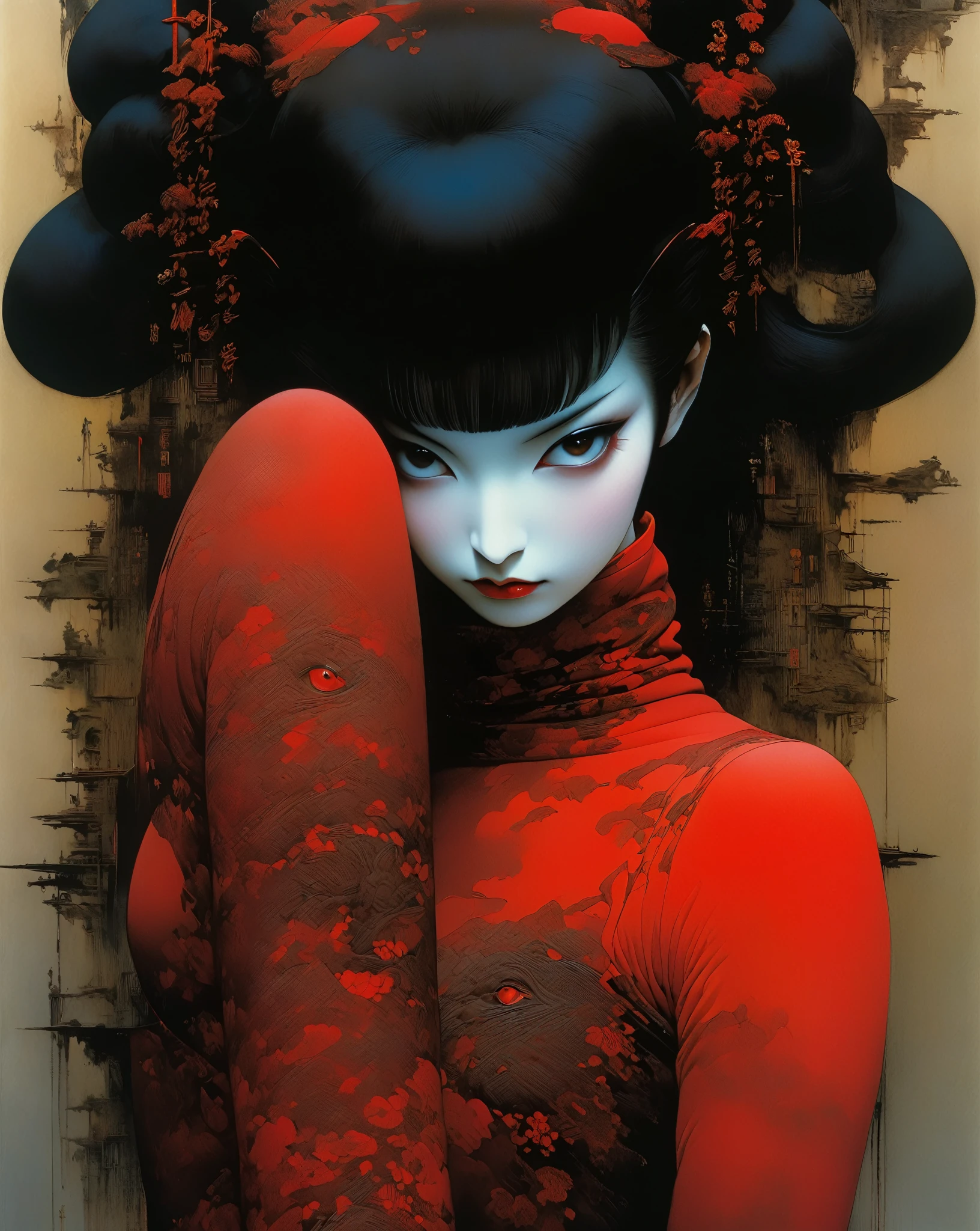 1 Devil Girl Mechanical Arm Gradient Color
(Red leather turtleneck tights with zipper),
Long black haired geisha
(art by  Yoshitaka Amano   )