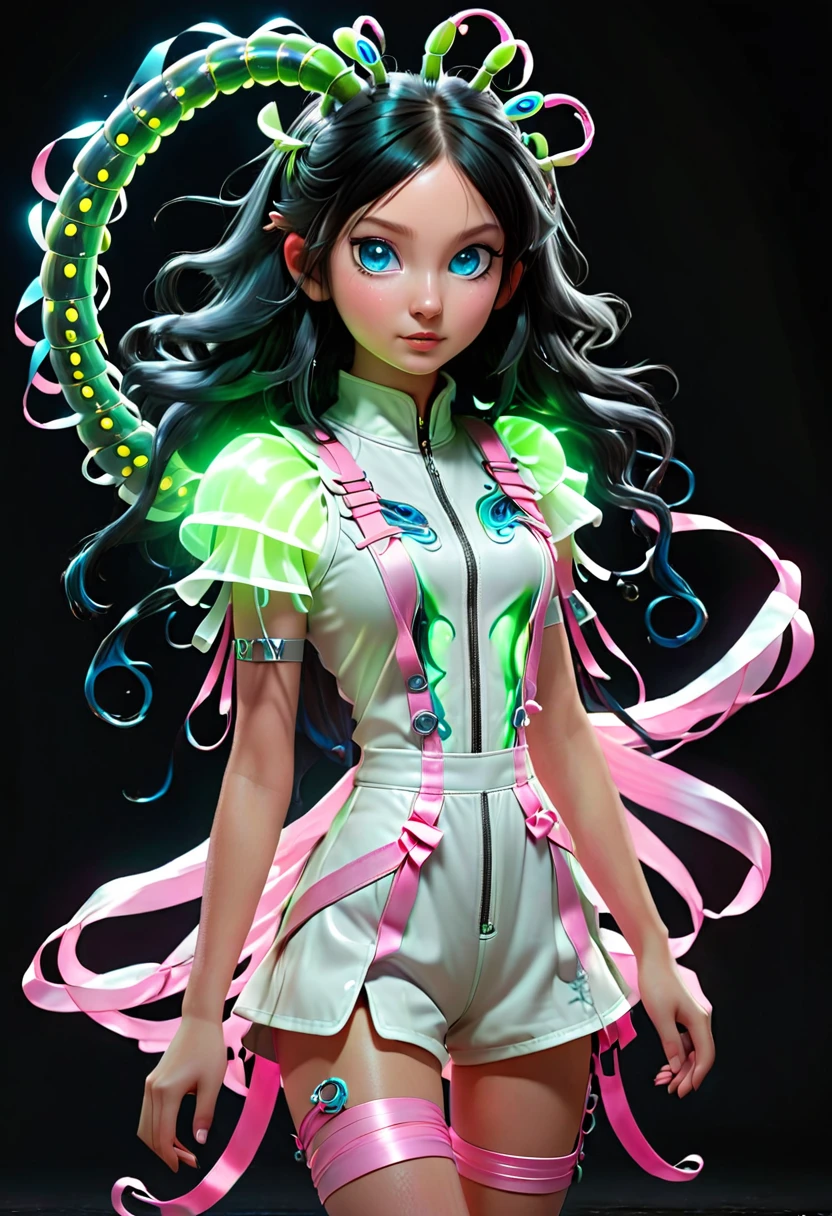 ((Full body ))dynamic lighting hyperdetailed intricately Engine((by a green glowing caterpillar)) Is a girl with blue eyes, black long hair, short twin pontails sticks out at the side of head tied with long thin pink ribbons, wearing a cute white leather romper with a silver zip to the front and a pocket on the right attached to a pink button to the front,
