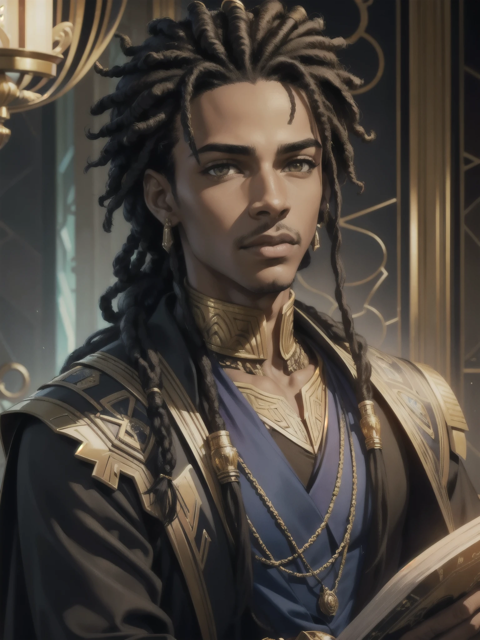 (Close-up), Portrait. Novel Protagonist. Sci-Fi and Fantasy. Young Male Protagonist. Prince, Regal. Casual Wealth. Lazy Elegance. Wizard. Prodigy. African-American, (Black) Dreadlocks, (Golden) Eyes.