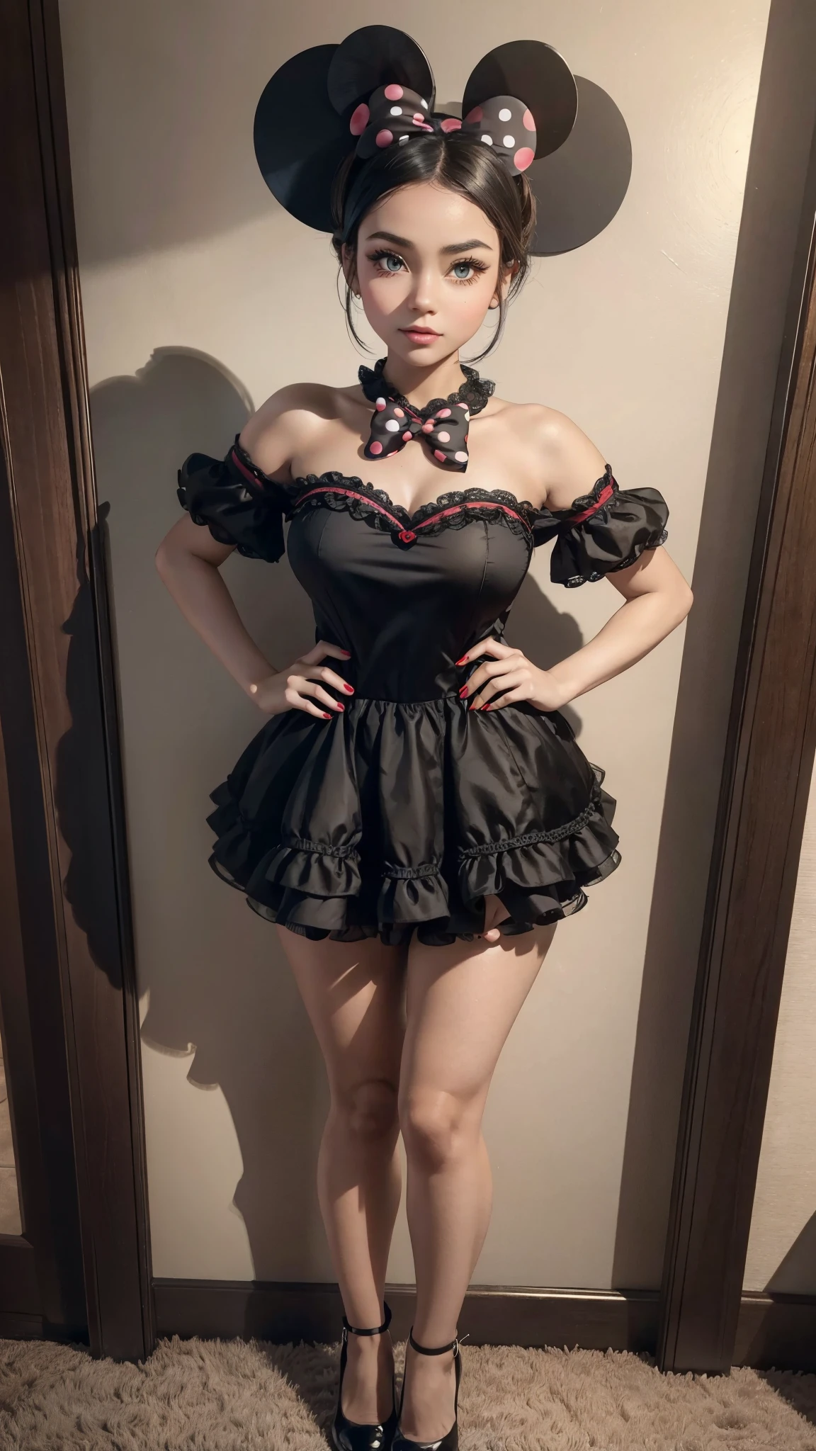 a human version of Minnie Mouse, totally realistic, always repeating the same face, always repeating the same appearance, always repeating the same proportions, always repeating the same outfit, ((alone)), full body, very detailed face, very detailed eyes , very detailed irises, looking at the camera, wearing sexy clothes
