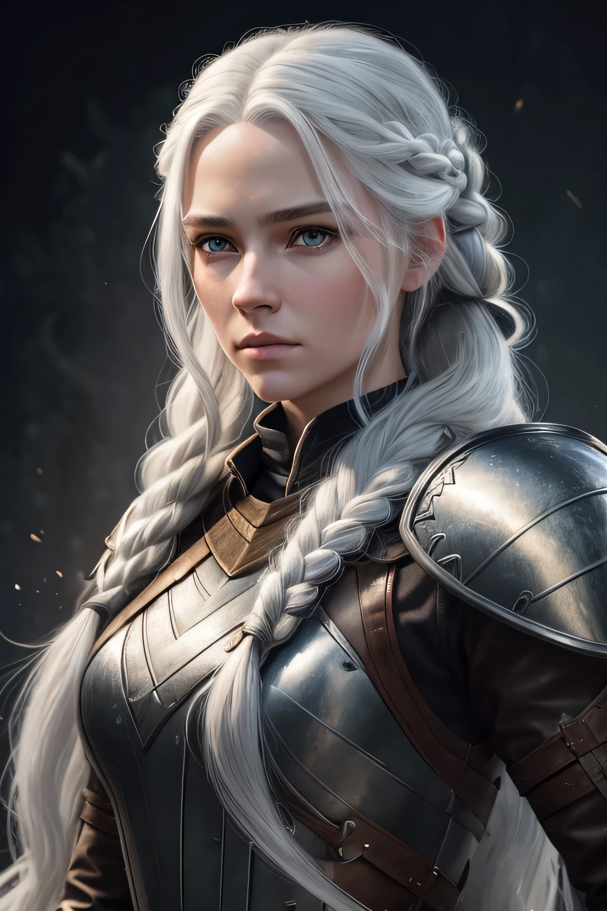 1 female ranger, long white hair, braided hair, grey eyes, beautiful face, wearing leather armor, absurdres, high res, ultrasharp, 8K, masterpieceThe image should be of absurd resolution and high detail. It should be ultra-sharp and available in 8K resolution, representing a masterpiece in image quality.