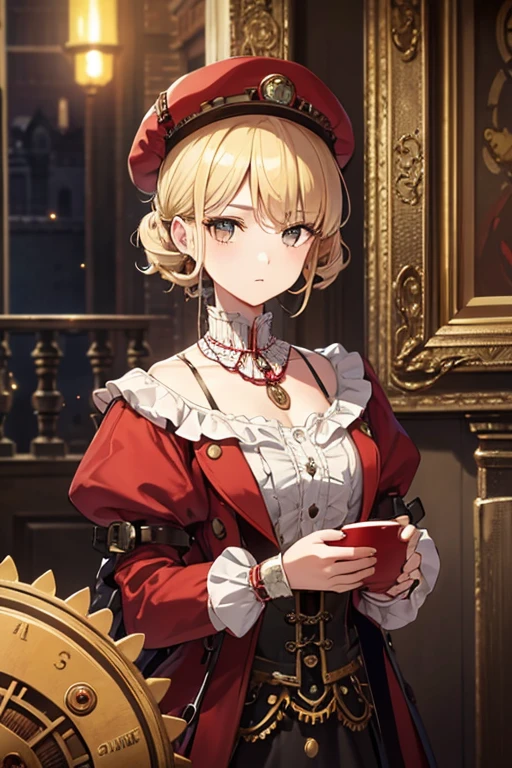 close, straight hair、blonde、 with short curly hair、girl、Little Red Hat, Necklace Watches, (victorian era), ((steampunk)), Cinematography, worked, elegant, methodical, grow, maximum details, Very aesthetic, intricately detailed, Lots of gears, Old town background