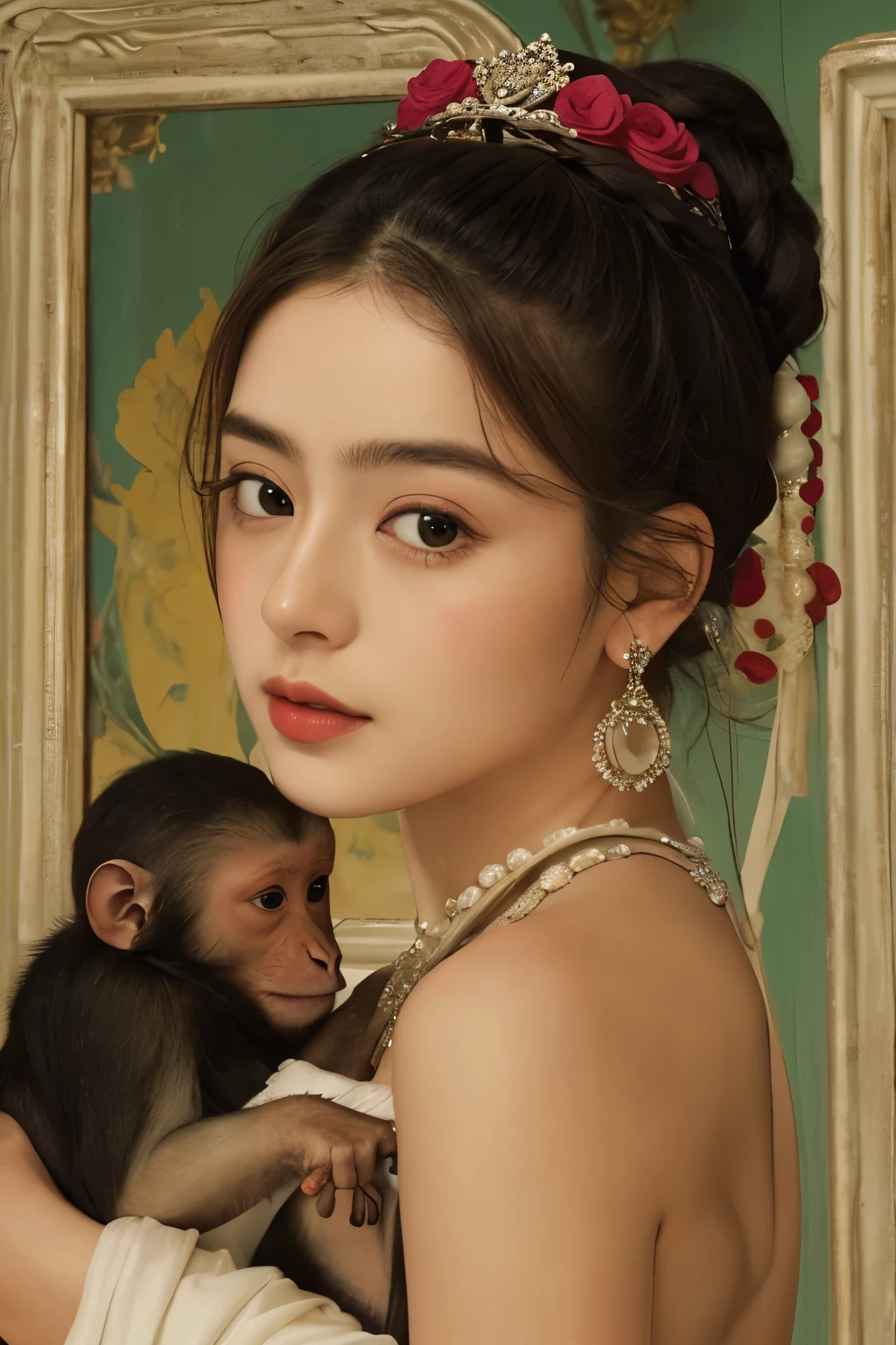 a 여자의 그림 with a monkey on her shoulder, by judgment, frida 칼로, frida, inspired by judgment, inspired frida 칼로, museum art, korean beauty,