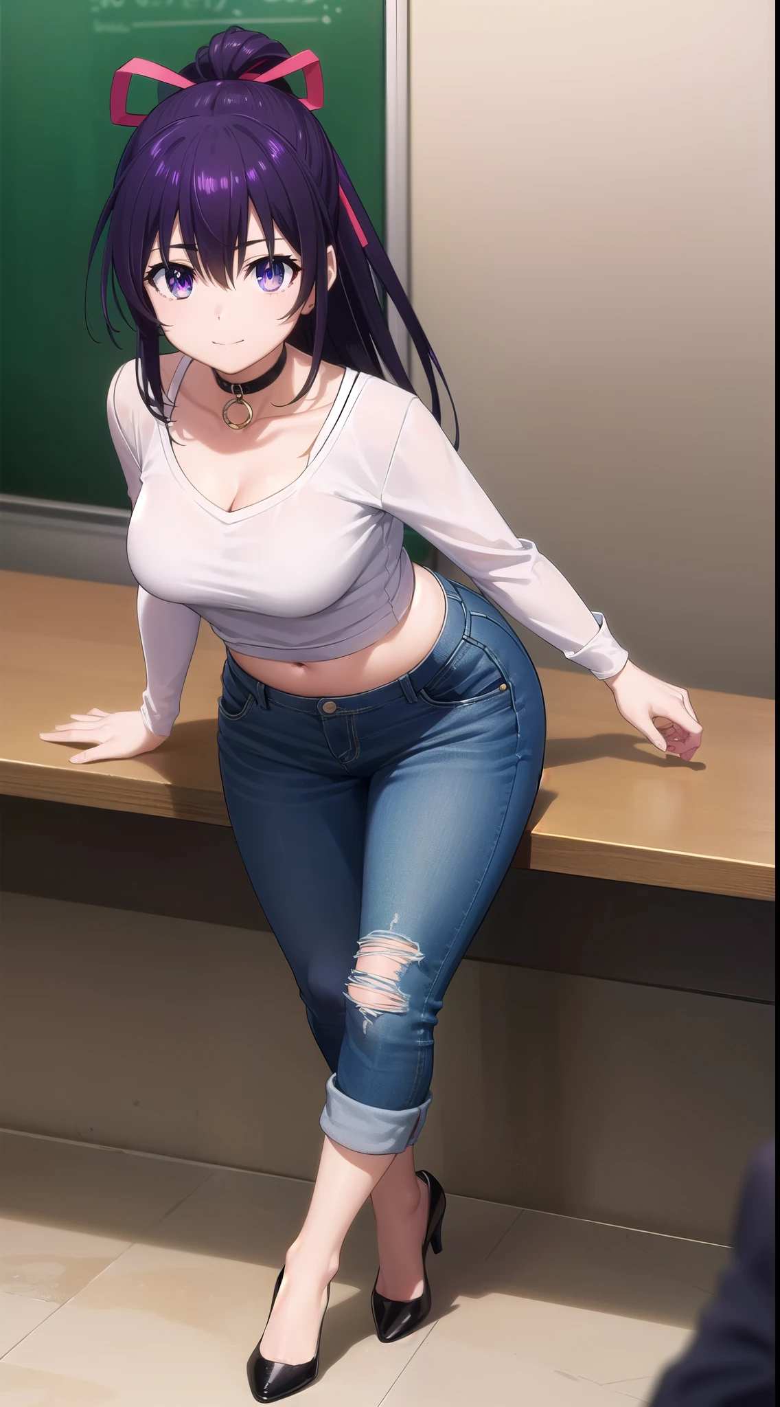 tohkayatogami, tohka yatogami casual, long hair, purple hair, alluringly smile, sweater crop top, white top, long sleeves, v neck, fabric choker, jeans , torn jeans, tight jeans (purple eyes:1.1), hair ribbon, ponytail, purple hair, white ribbon,g cup breasts, plump butt , low heels 
BREAK ,
BREAK indoors, office, alone, sitting, sitting on table, hand on desk , low heels,
BREAK looking at viewer, elegant poses, cheeks rest, confident, full body view, head to toe view, 
BREAK (masterpiece:1.2), best quality, high resolution, unity 8k wallpaper, (illustration:0.8), (beautiful detailed eyes:1.6), extremely detailed face, perfect lighting, extremely detailed CG, (perfect hands, perfect anatomy),