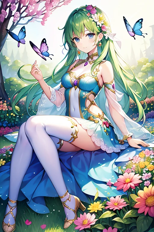 Una diosa de las flores. Todo cubierto de flores, Rest on his throne made of branches and plants in the middle of a spring garden.. Ella es extremadamente hermosa y su piel es clara y fina, Sus ojos son inocentes y dulces