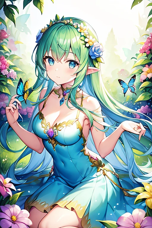 Beautiful girl in fairy bottomless costume, nipples visible through clothes, Surrounded by flowers and butterflies. Content: Watercolor painting. Style: Capricious and delicate, Like illustrations in children's books.