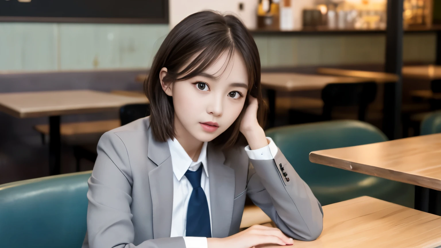 8K, highest quality, real image, intricate details, Super detailed, ultra high resolution, depth field,(realistic,realistic:1.2),table top , front shot , Photographed at a stylish cafe , girl, とても美しい17歳のgirl, innocent big eyes,、highly detailed eyes:1.2)、bangedium short hair, perfect skin, Fair skin, tight waist, light blush, look at the viewer,((School_uniform),(blazer), (white shirt、wear a tie), (gray pleated skirt), (sculpture installation :1.1), urban cafe space, Customers enjoying cafe around
