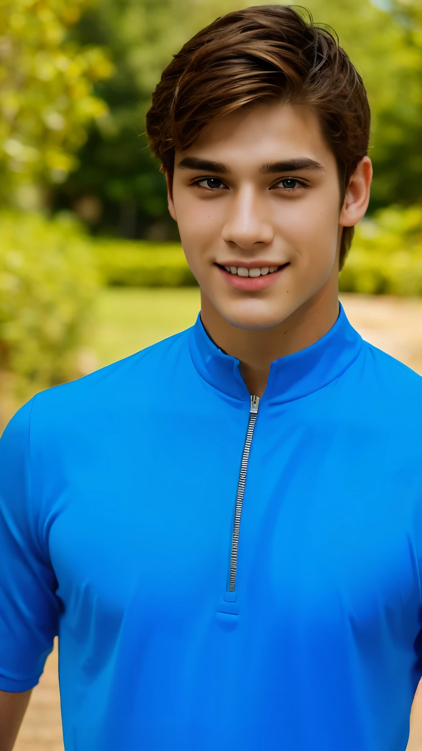 1 boy, 17 years, teenage, short light brown hair, azure blue big eyes, Solo-focus treatment for male face for teenagers, Bright colored clothes, Beautiful, smiling, Realistic, The dynamic pose is realistic., detailed and correct facial structure, Beautiful, extremely detailed, Dynamic angle, cowboy shot, The most beautiful form, elegant, Bright colors, romanticism, in the background there is a huge Jupiter and Saturn, stars , galaxy ! Photo portrait of an attractive guy !
