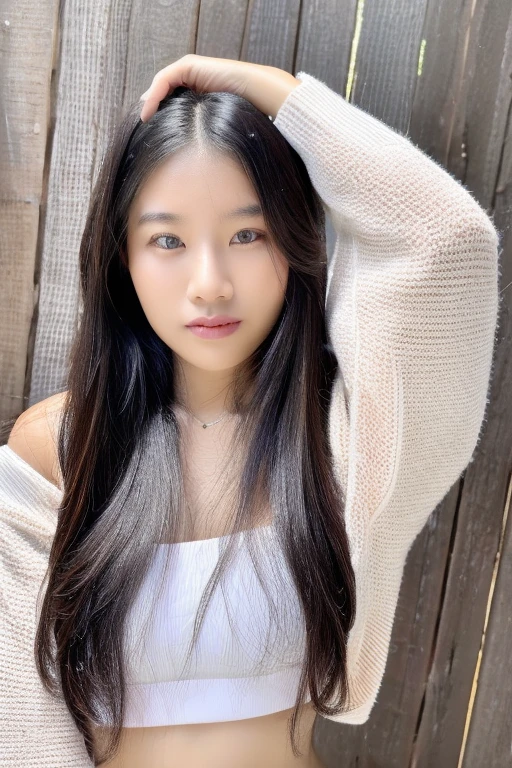 (Best quality:1.4), (ultra high resolution:1.2), (photorealistic:1.4), (8K, raw photo:1.2),(portrait shot:1.3), bmang powder, 1 girl, One, long hair, Black hair, Upper body, White shirt, crop top, navel, NSFW