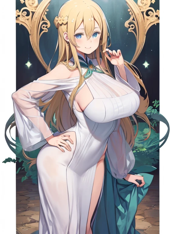 masterpiece, highest quality, Medium wide shot、cowboy shot、1 mature woman、(mint, blue eyes, braid,、long blonde hair、hair between eyes)、((big breasts、huge breastaternityドレス、(Stand up straight)、smiling、looking at the viewer、