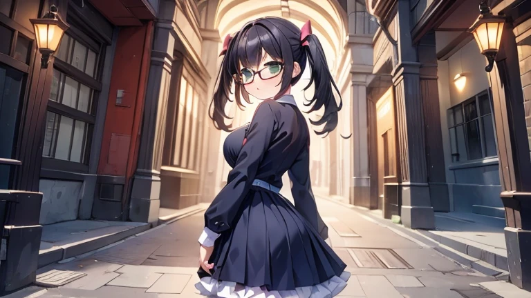 　highest quality,wonderful,finely,extremely detailed CG unity 8k wallpaper,written boundary depth,1 girl, big breasts,(arched back:1.3), black hair, glasses, green eyes,twin tails,full body, highest quality,Super detailed,unity 8k wallpaper,game CG,