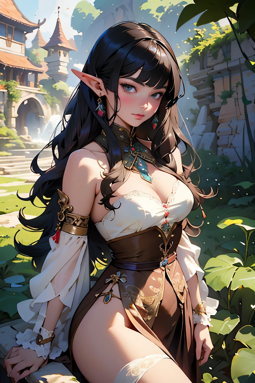 Amidst the tranquil ambiance of a marbled palatial courtyard, a masterpiece of digital artwork comes to life. The intricately crafted image portrays a beautiful brunette elf woman, her locks cascading down her shoulders like waves of brown satin. Adorned with delicate waist chains, she wears a pink satin dress that clings to her curvaceous figure, highlighting every contour and line.
The artwork, inspired by the enchanting style of Ilya Kuvshinov, is characterized by its highly detailed and exquisite nature. Fine details cover every inch of the painting, from the elaborate patterns on the elf woman's dress