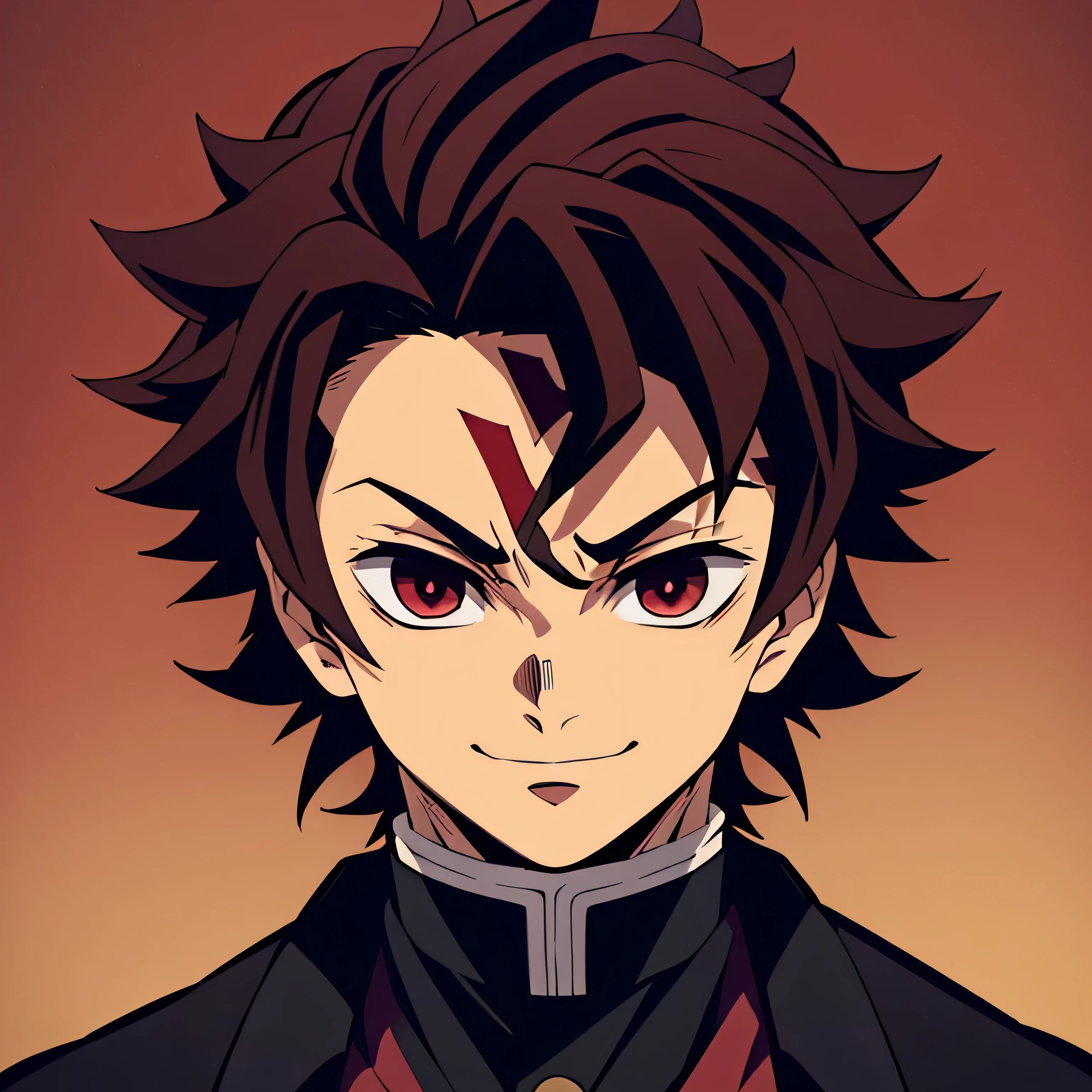 (best quality,highres,ultra-detailed),serious,anime style,demon slayer,boy,red eyes,red eyebrows,red/brown hair,Sanemi+Rengoku hair,black suit,simple background,smiling. 