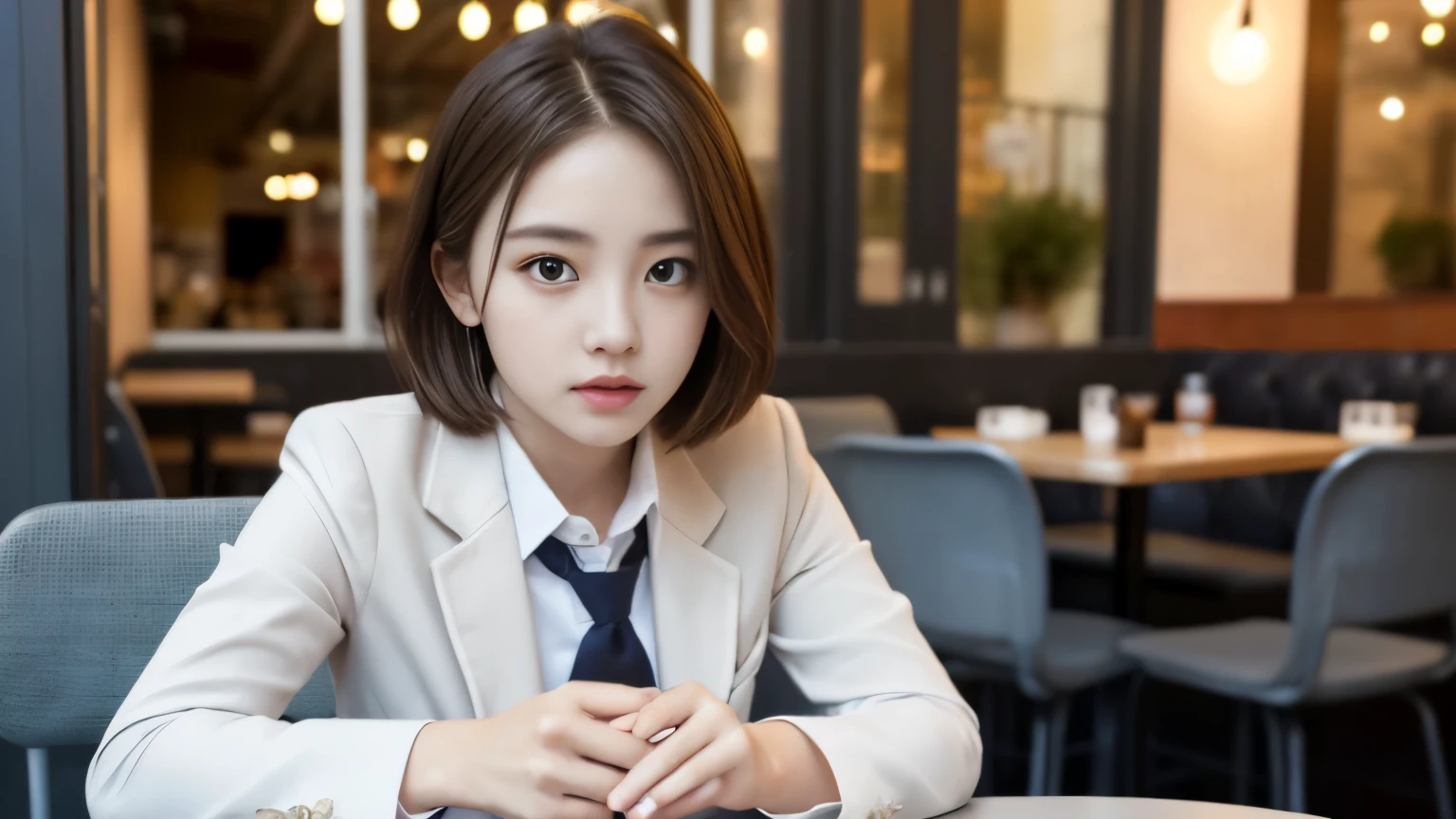 8K, highest quality, real image, intricate details, Super detailed, ultra high resolution, depth field,(realistic,realistic:1.2),table top , front shot , Photographed at a stylish cafe , girl, とても美しい17歳のgirl, innocent big eyes,、highly detailed eyes:1.2)、bangedium short hair, perfect skin, Fair skin, tight waist, light blush, look at the viewer,((School_uniform),(blazer), (white shirt、wear a tie), (gray pleated skirt), (sculpture installation :1.1), urban cafe space, Customers enjoying cafe around
