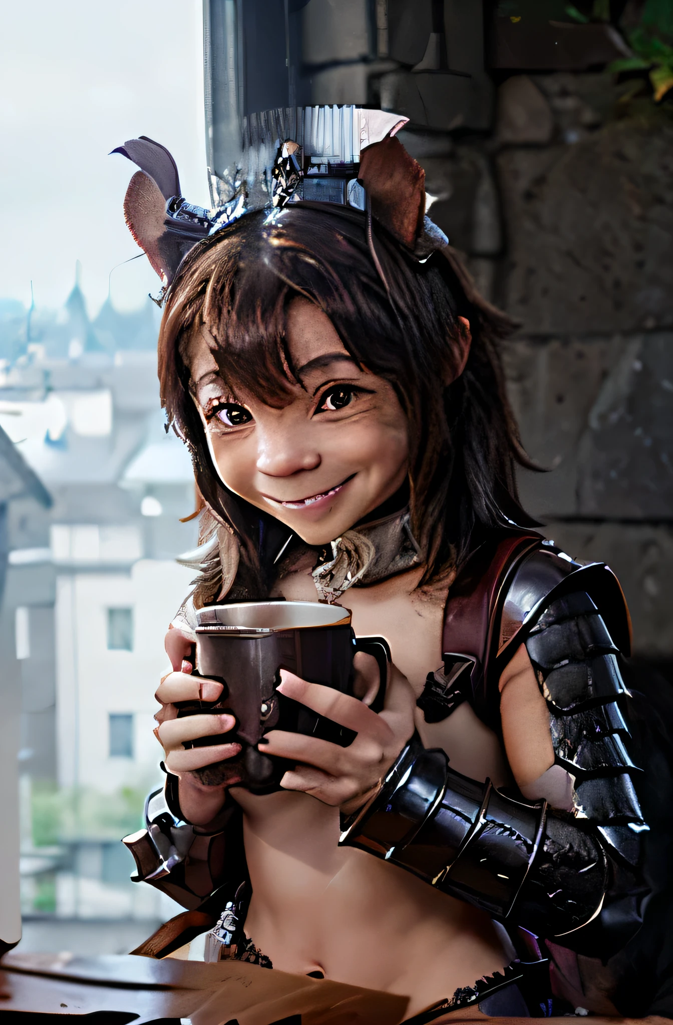 By Kobold King, solo male (((Kobold)), (detailed kobold)) wearing leather armor, muscular toned, squirrel ears, kobold tail, messy hair, front view, looking at the observer with an embarrassed smile, blush, holding a cup of juice, perspective, finely detailed paws, adventure backpack, knifes, crown, king's crown, kobold king, scaly.