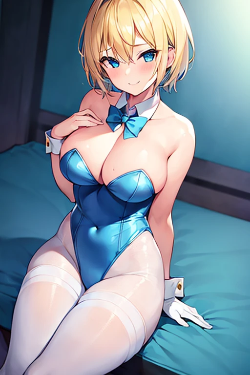 1girl, blonde hair, very short hair, blue eyes, breasts, large breasts, bowtie, wide hips, thick thighs, bunnysuit, leotard, white bunnysuit, smile, blue trim, pantyhose