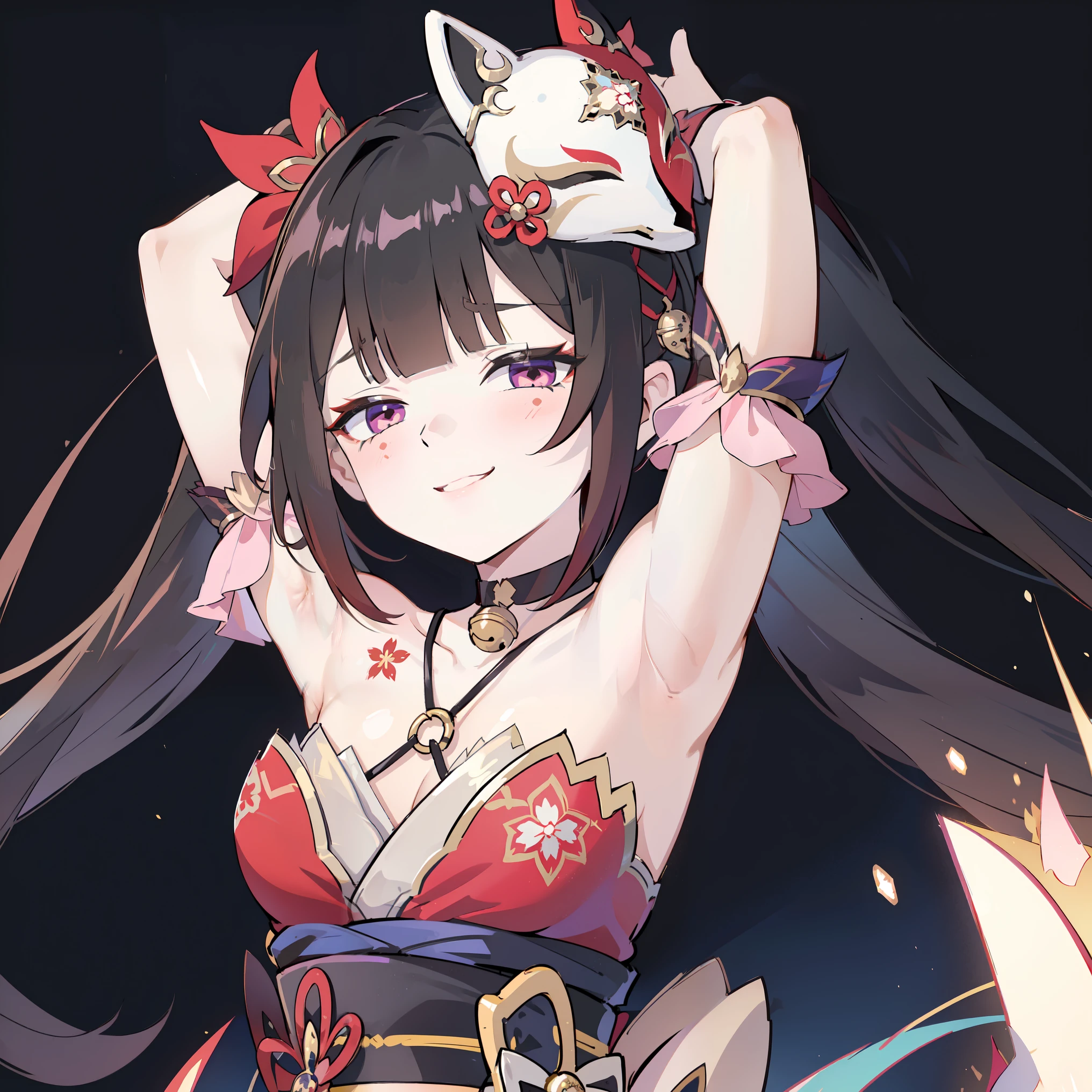 1girl, solo, sparkle \(honkai: star rail\), small breasts, twintails, hair ornament, solo, off shoulder kimono, mask on head, detached sleeves, choker, obi, wristband, criss-cross halter, thigh strap, blush, face closeup, portrait, looking at viewer, gasping, ecstasy, head tilt, ((arms up, armpits)), seductive smile, sharp smile, sharp teeth, smug, black background, masterpiece, best quality