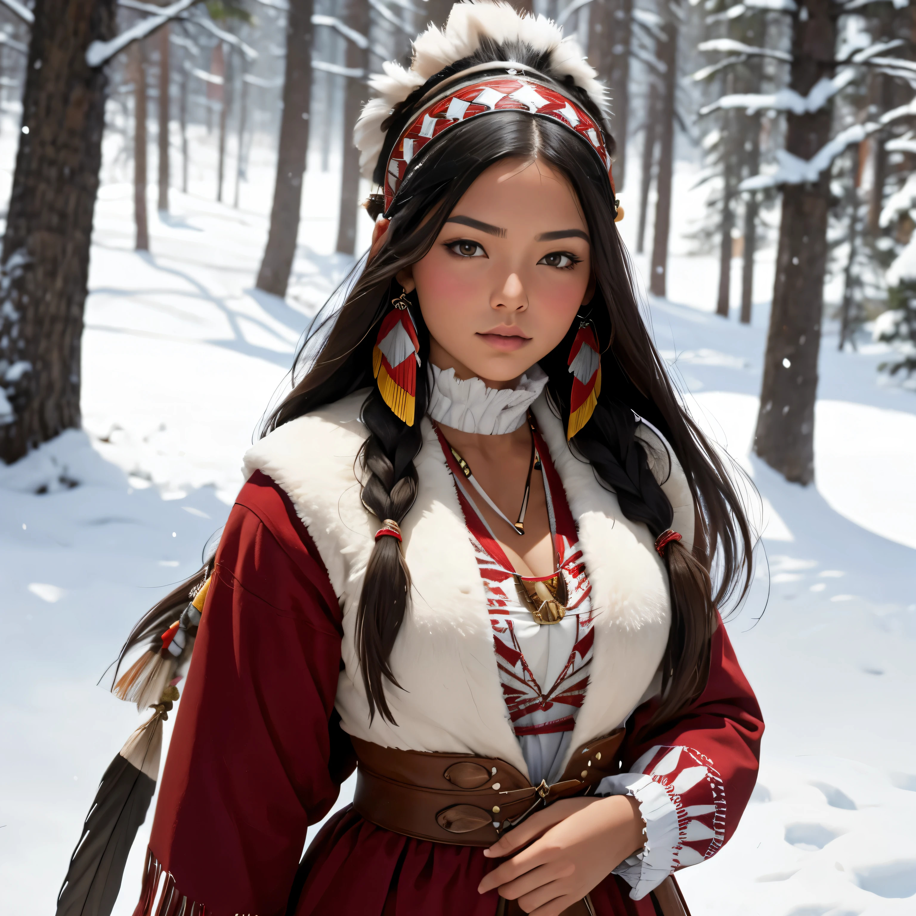 Sexy Native American woman wearing a snowy 18th-century attire.