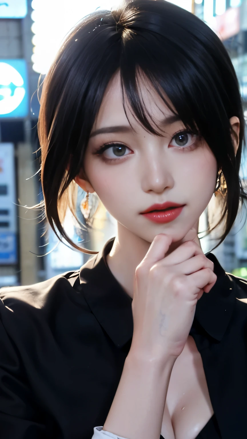 Cinematic lighting、(key light:Front diagonal 45 degrees, fill light、Backlight、shadow、blue and orange color palette), accurate human body、detailed person、Correct five-finger、RAW photo、 4K - ultra-vivid、highest quality, masterpiece, ultra high resolution, (reality: 1.4), background bokeh、street、city、
(((oil skin,sparkling skin、realistic skin texture、detailed beautiful skin、shiny skin、shiny skin)))、
full body shot, camera angle is low, Depth of the bounds written, Focus on the center, fine eyes, perfect face and eyeature woman, Beautiful woman、(Shibuya style fashion:1.8), tight clothes、(full shot, /red eyeliner/、/fluorescent pink glossy lipstick/)、long shot, Beautiful depiction、knowledgeable person、detailed background、quality people々、high quality face、Ultra-high-definition animation、(beautiful black hair:1.8)、earrings、clavicle、(((big breasts)))、((from the front、full shot:1.8, full body diagram、雑誌のstreetスナップ風))