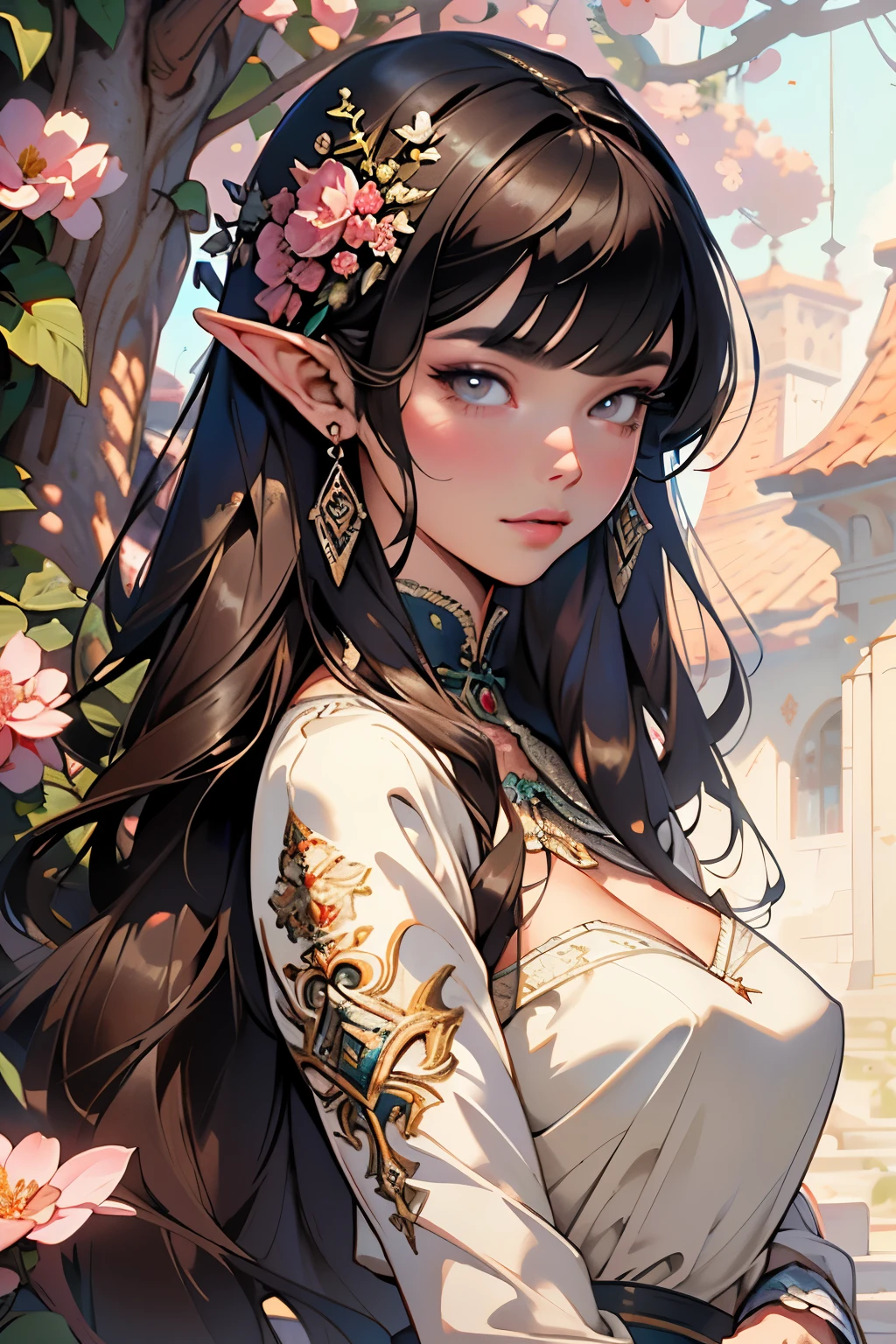 Masterpiece of digital artwork, showcasing a gorgeous and beautiful brunette elf woman, adorned in a pink satin dress that beautifully hugs her curvy figure. The intricate waist chains add an alluring touch to her ensemble. Seated gracefully inside a marble palatial courtyard, the artwork is rendered in the highly detailed and enchanting style of Ilya Kuvshinov. Each curve, line, and texture is meticulously brought to life, highlighting the woman's captivating features and ethereal charm. The delicate play of light against the marble and satin only adds to the artwork's breathtaking beauty.