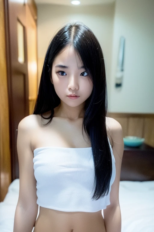 (Best quality:1.4), (ultra high resolution:1.2), (photorealistic:1.4), (8K, raw photo:1.2),(portrait shot:1.3), bmang powder, 1 girl, One, long hair, Black hair, Upper body, White shirt, crop top, navel, NSFW