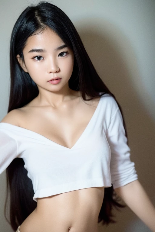 (Best quality:1.4), (ultra high resolution:1.2), (photorealistic:1.4), (8K, raw photo:1.2),(portrait shot:1.3), bmang powder, 1 girl, One, long hair, Black hair, Upper body, White shirt, crop top, navel, NSFW