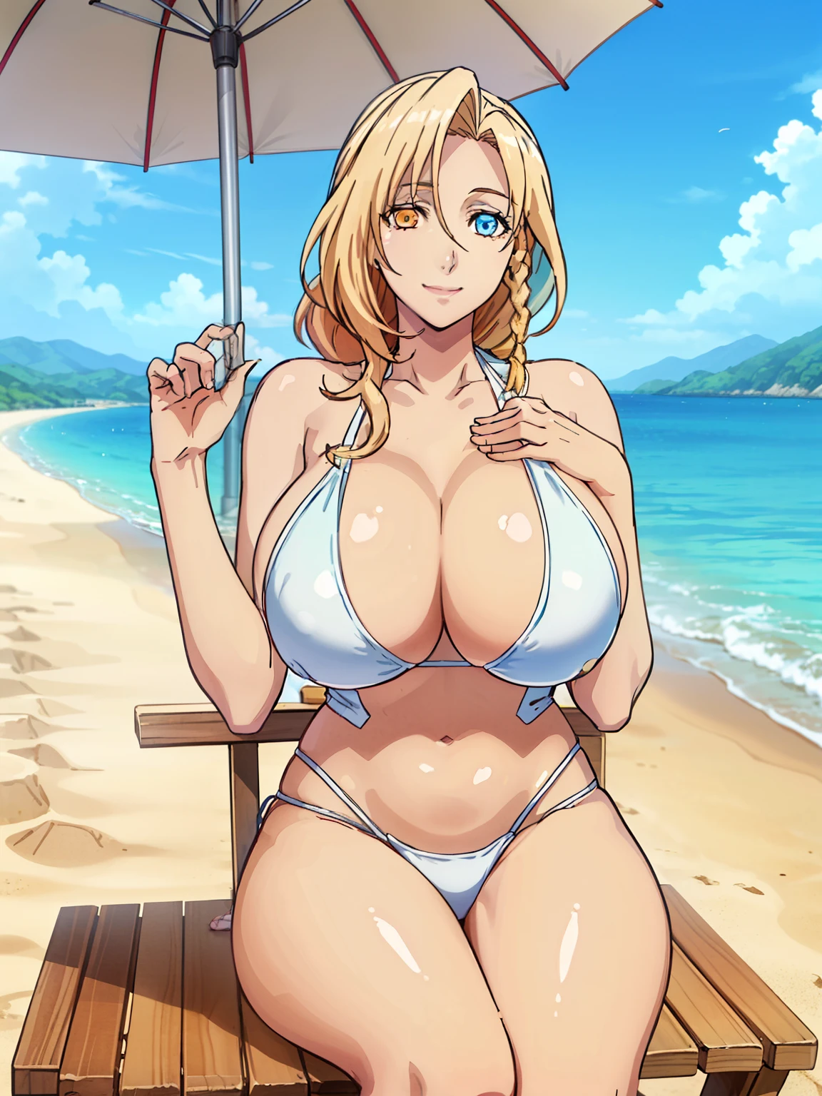 (grabbing her breasts with her hands), (sitting at wooden chair), (beside table with umbrella on top), sarielx, god rays, (white swimsuit), (beach background), anime cels style, best quality, high resolution, 1girl, (huge breasts:1.2), beautiful face, cowboy shot, heterochromia, braided ponytail, braided bangs, smiling, looking at viewer