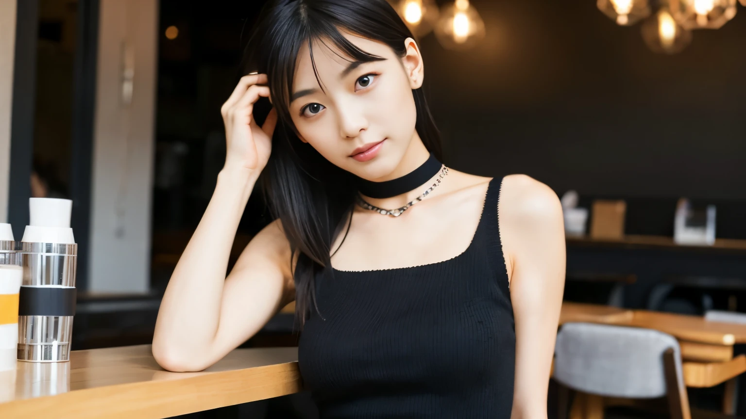 japanese woman, Beauty salon model, 30 years old, slender body shape, small breasts, very thin waist, beautiful face, beautiful eyes, black short hair, She wears tight, Short gray knit dress with open back design., Sitting in a fashionable café, Looking back at you kindly, 1 girl, alone, detailed face and eyes, small fingers and arms. full body photo. realistic, realistic.,　choker