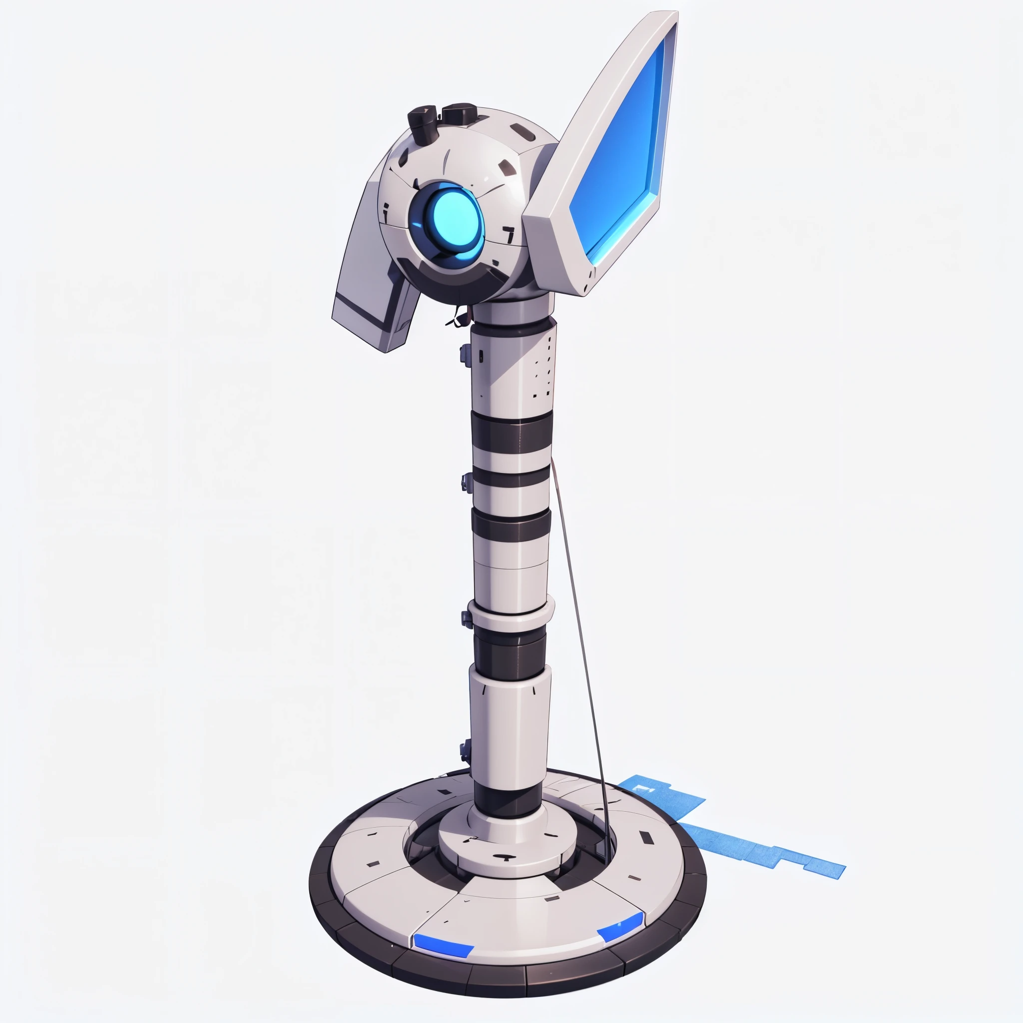 a close up of a white and blue light on a metal pole, wheatly from portal 2, hard surface 3 d, laser turret, moonray render, low quality 3d model, 3d game object, hard surface model, realistic 3d model, 3 d model, 3d model, in-game 3d model, portal game valve