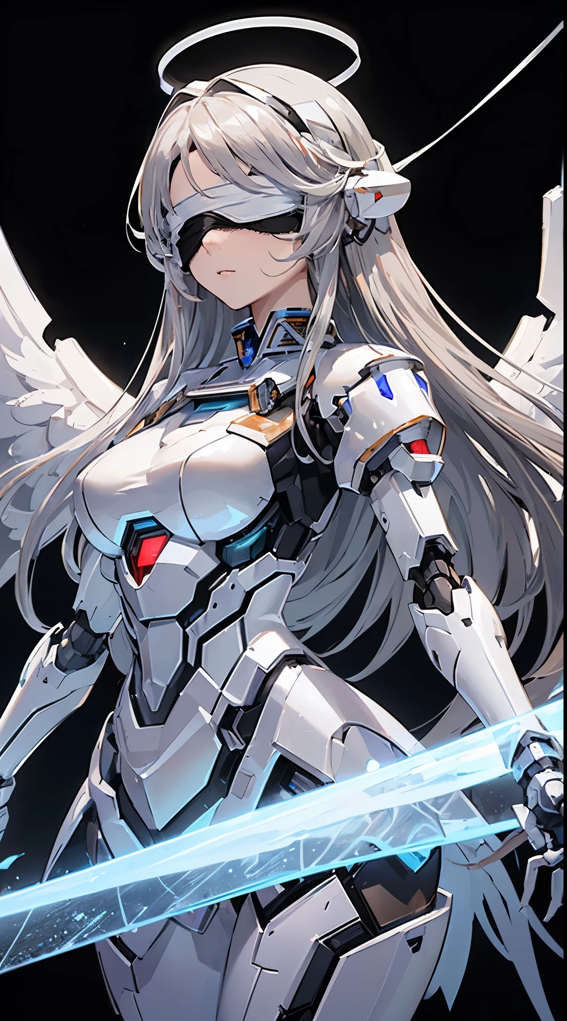 ((8K)), ((32k)), ((highest quality)), ((masterpiece)), ((超A high resolution)), ((T Masterpiece)), ((halo:1.3))、fine skin texture, fine cloth texture, fine metal texture、((beautiful and detailed face))、Raw photo、Professional, Ultra-fine painting, ((solo)), beautiful breasts、highest quality, Super detailed, Super detailed詳細, small details, very beautiful, Princess Knight Robot, (Joint of the machine, mechanical limbs:1.3), (The internal structure of the machine is exposed:1.3), (red long hair 1.1), (Beautiful and huge mechanical breasts)、white veil, cowboy_shot, side focus, headgear, shiny, ((Silver metal machine blindfold:1.8))、 (five fingers, 4 fingers and 1 thumb),concept art, anime fantasy artwork, detailed fantasy art, (with pale blue-violet hair and large white wings,,), (((long hair))), (Mecha:1.6)Sleek and menacing design, ((Armament of the Supreme Commander-in-Chief)), (perfect robot body)、Pure white and blue-purple armor, symmetrical wings, 8K high quality detailed art, 3D rendering of character art in 8K, clear legs, defined, defined fingers, NSFW、((head shot:1.3))