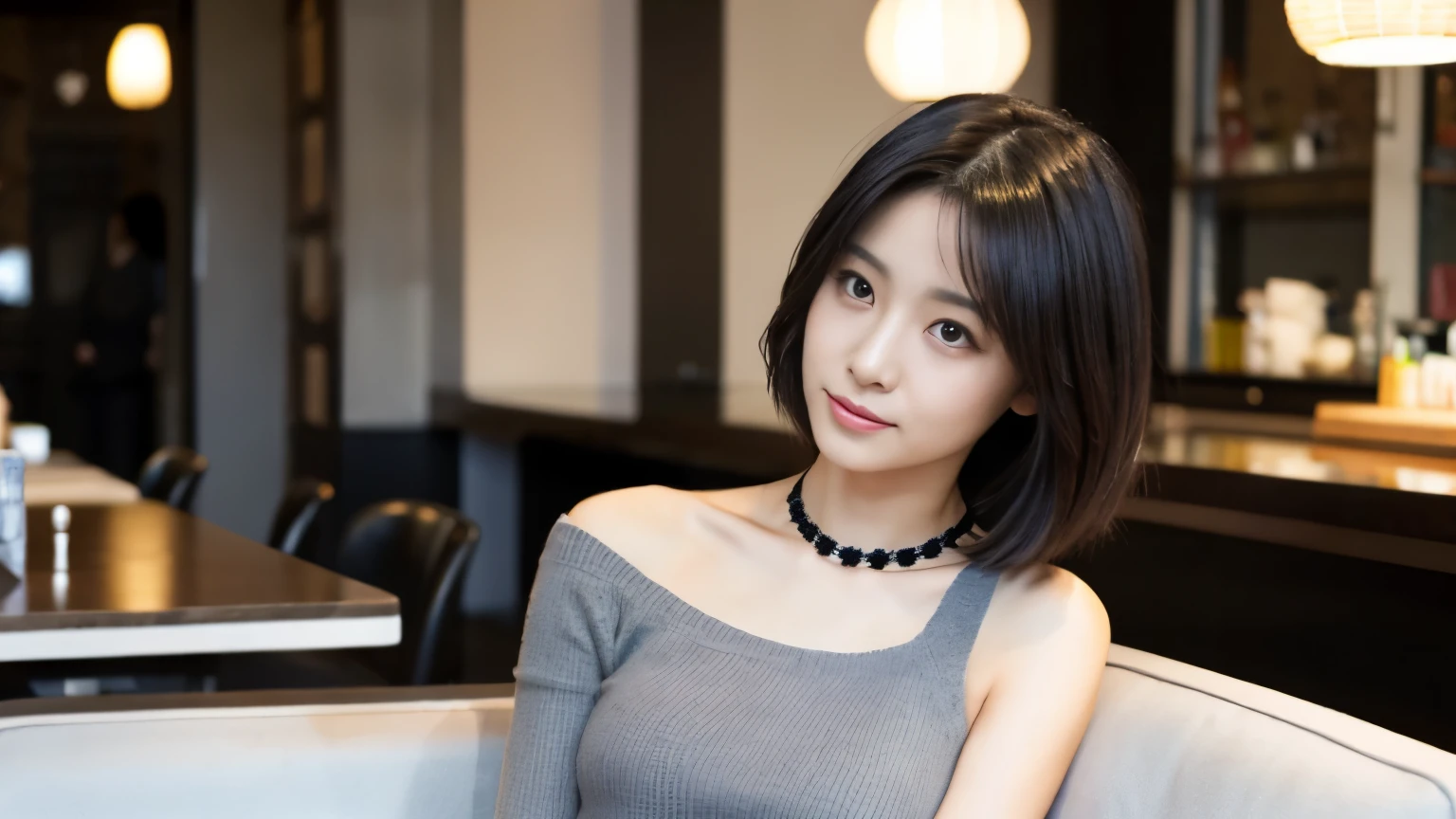 japanese woman, Beauty salon model, 30 years old, slender body shape, small breasts, very thin waist, beautiful face, beautiful eyes, black short hair, She wears tight, Short gray knit dress with open back design., Sitting in a fashionable café, Looking back at you kindly, 1 girl, alone, detailed face and eyes, small fingers and arms. full body photo. realistic, realistic., choker