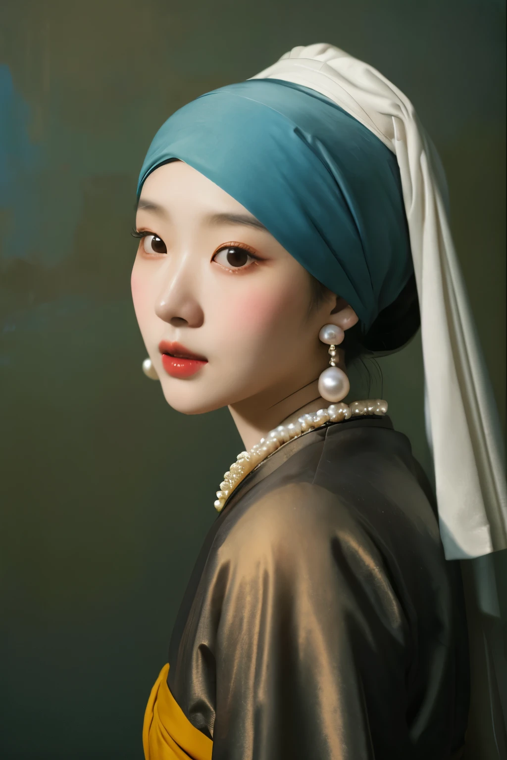 Korean beauty with pearl earrings, Works inspired by Johannes Vermeer,