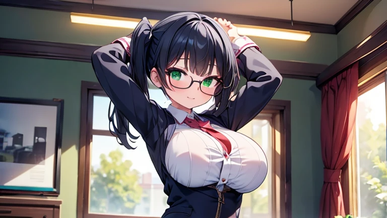 highest quality,wonderful,finely,extremely detailed CG unity 8k wallpaper,written boundary depth,1 girl, ,(arms up:1.3), black hair, glasses, green eyes,twin tails,full body, highest quality,Super detailed,unity 8k wallpaper,game CG,
