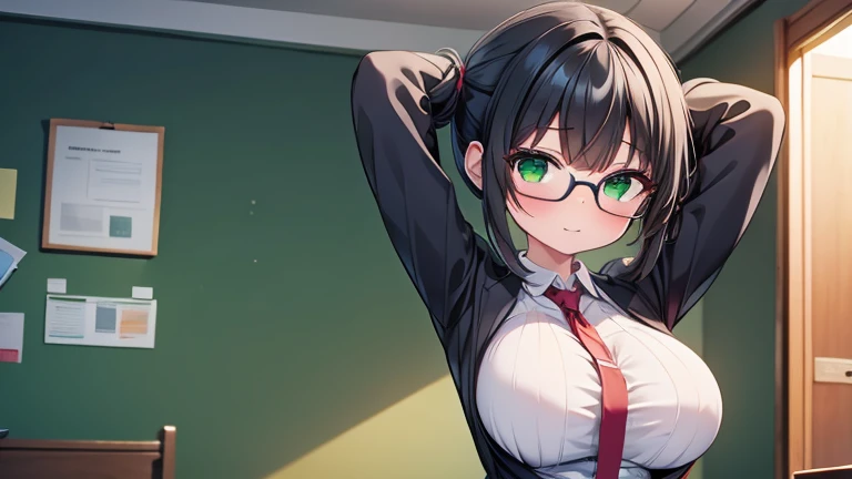 　highest quality,wonderful,finely,extremely detailed CG unity 8k wallpaper,written boundary depth,1 girl, big breasts,(arms behind head:1.3), black hair, glasses, green eyes,twin tails,full body, highest quality,Super detailed,unity 8k wallpaper,game CG,