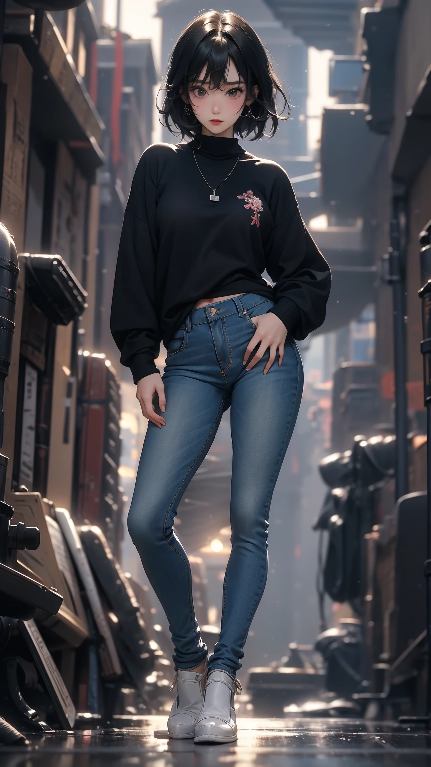 ((Highly detailed CG unit 8k wallpaper, masterpiece, High resolution, highest quality, highest qualityのリアルテクスチャスキン)), ((Hands in pockets pose:1.5, fashion pose:1.2, A cool NY fashion girl influenced by nostalgic and inorganic mode fashion., detailed costume:1.4, fine embroidery, Solid color crew neck pullover sweater and skinny jeans combination:1.3, Asymmetrical short hair, Nana Komatsu)), (((blurred background, An empty back alley in New York))), Close-up, hyper realistic, digital painting, concept art,