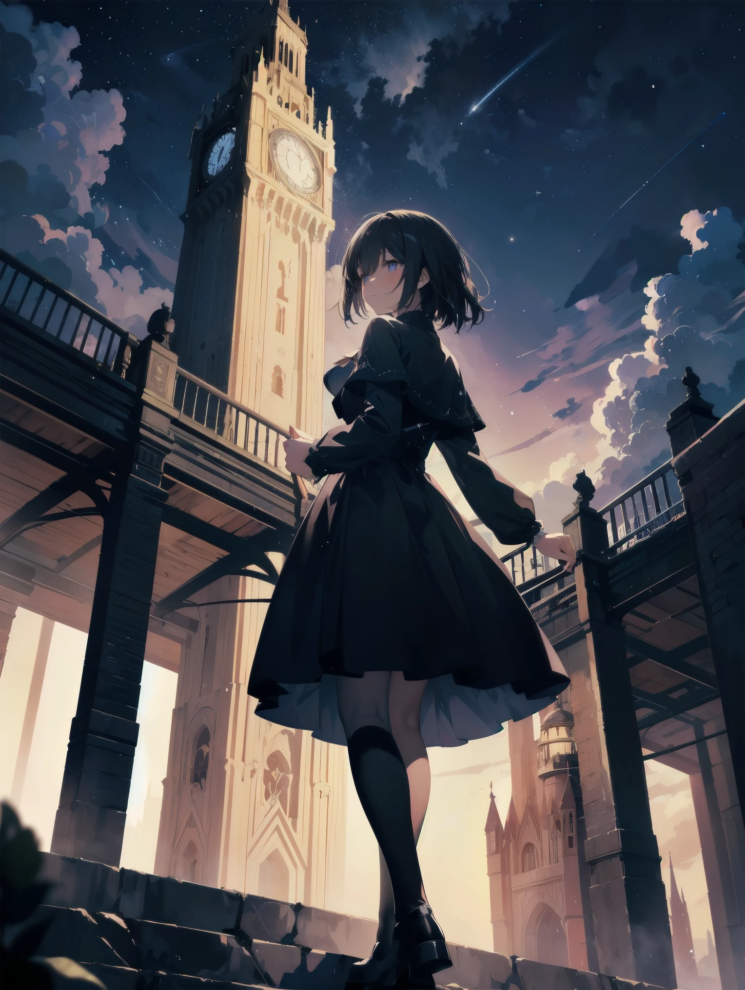 Girl looking up Scene 1: Twilight tower shadow The girl stands quietly against the sky, which is dyed an azure colour. Towering up in front of her is a huge structure called the Tower of Babel. Its form, which seems to pierce through the clouds, seems as if it is about to reach the heavens. The girl's gaze is directed towards the top of the tower. The tower, shrouded in evening darkness, creates a fantastic atmosphere. The surface of the tower is engraved with intricate patterns. It looks like ancient writing. The girl seems to sense something deep within the tower. Is it the memory of a masterpiece story or a longing for an unknown fantasy world? Scene 2: Memory of the starry sky The girl stands at the top of the tower amidst countless twinkling stars in the night sky. At her feet, the lights of the city shine like jewels. The girl closes her eyes and takes a deep breath. The scent of the night breeze is mixed with the old smell of the tower. The girl's mind replayed a famous story. It was a story of adventure and friendship that the girl read as a . The hero of the story, like the girl, climbed the Tower of Babel. There, she meets her friends and overcomes various difficulties. The girl dreamed that one day she, like the hero, would go on an adventure. Scene 3: The promise of the morning glow The girl left the tower just as the light of the morning sun was illuminating it. Looking back, the tower shone in the morning sun and even looked divine. The girl decides that one day she will climb this tower again. And when she does, she vows to spin out the rest of the masterpiece's story. Step by step, the girl walked into the future.