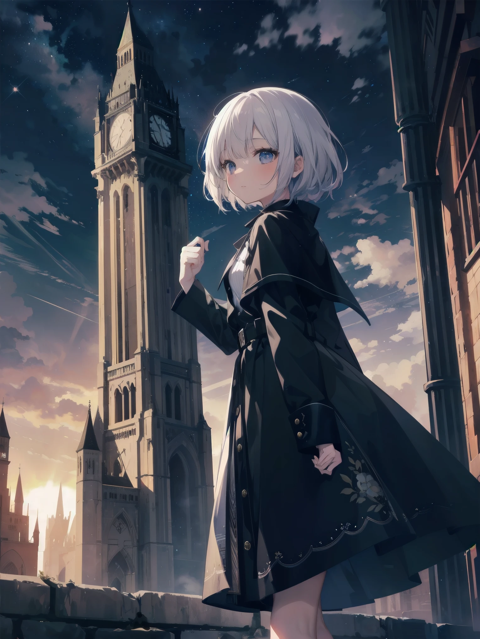 Girl looking up Scene 1: Twilight tower shadow The girl stands quietly against the sky, which is dyed an azure colour. Towering up in front of her is a huge structure called the Tower of Babel. Its form, which seems to pierce through the clouds, seems as if it is about to reach the heavens. The girl's gaze is directed towards the top of the tower. The tower, shrouded in evening darkness, creates a fantastic atmosphere. The surface of the tower is engraved with intricate patterns. It looks like ancient writing. The girl seems to sense something deep within the tower. Is it the memory of a masterpiece story or a longing for an unknown fantasy world? Scene 2: Memory of the starry sky The girl stands at the top of the tower amidst countless twinkling stars in the night sky. At her feet, the lights of the city shine like jewels. The girl closes her eyes and takes a deep breath. The scent of the night breeze is mixed with the old smell of the tower. The girl's mind replayed a famous story. It was a story of adventure and friendship that the girl read as a . The hero of the story, like the girl, climbed the Tower of Babel. There, she meets her friends and overcomes various difficulties. The girl dreamed that one day she, like the hero, would go on an adventure. Scene 3: The promise of the morning glow The girl left the tower just as the light of the morning sun was illuminating it. Looking back, the tower shone in the morning sun and even looked divine. The girl decides that one day she will climb this tower again. And when she does, she vows to spin out the rest of the masterpiece's story. Step by step, the girl walked into the future.

