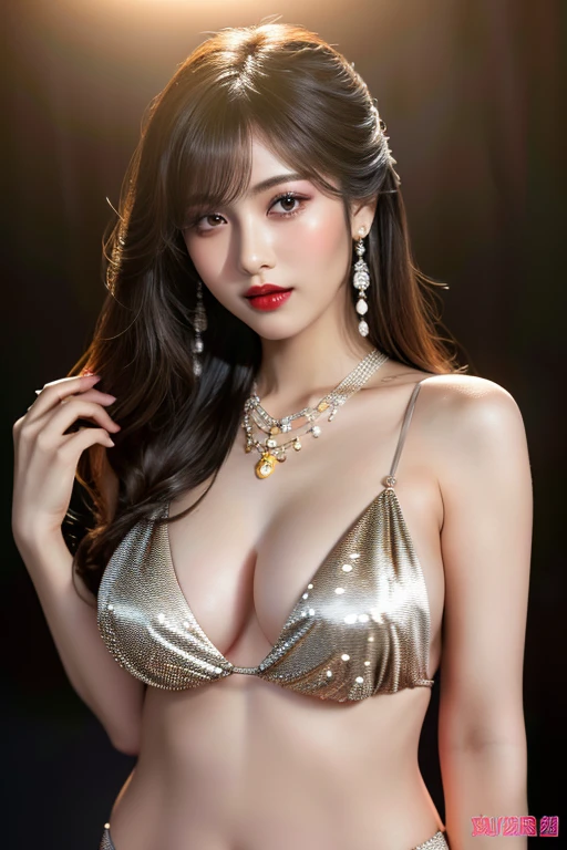 (highest quality、Full body photo 1.2、8K、best image quality、Award-winning work)、(one young girl, ************:1.3)、(Sheer red underwear:1.2)、(red eyeshadow:1.2)、perfect makeup、long eyelashes、Super high-definition sparkling eyes、ultra high definition hair、ultra high resolution glossy lips、Super high resolution perfect teeth、Super high resolution cute face、brown hair、(((very long straight hair:1.2))、look at me and smile、[clavicle]、accurate anatomy、Luxury love hotel、(The most moody warm lighting:1.2)、blurred background、With bangs、Super high-resolution glossy and moisturized face、Super high resolution glowing skin、most detailed face、Ultra high resolution detailed faces、ultra high resolution hair、Super high resolution sparkling eyes、Beautiful face drawn in every detail、Super high resolution glossy red lips、big breasts、cleavage、Fashionable necklaces、(((Full body photo 1.2)))、Hair fluttering in the wind 1.2、gray background、(((Professional Lighting 1.5)))