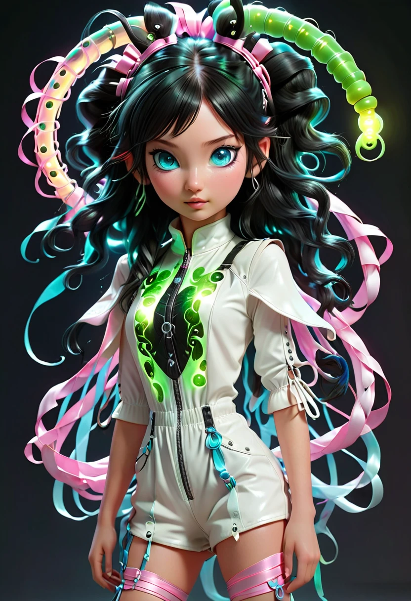 ((Full body ))dynamic lighting hyperdetailed intricately Engine((by a green glowing caterpillar)) Is a girl with blue eyes, black long hair, short twin pontails sticks out at the side of head tied with long thin pink ribbons, wearing a cute white leather romper with a silver zip to the front and a pocket on the right attached to a pink button to the front,