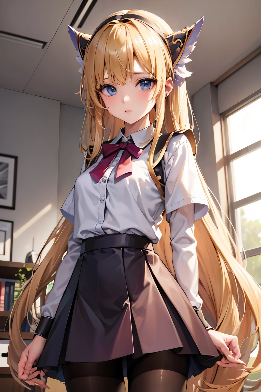 lease, blonde、long hair、office lady clothes、pantyhose、Photo from below、medium chest、bootini skirt、blouse、vest、headband