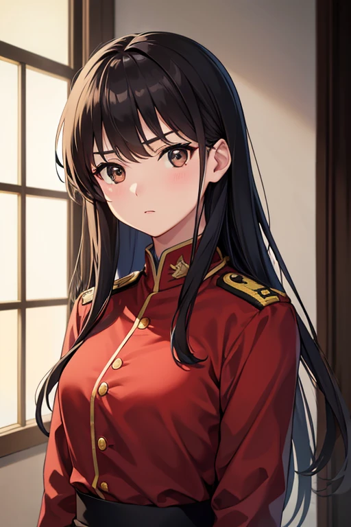 Anime girl in uniform sitting on sofa with legs open, fine details. Girls Frontline, blue uniform, wearing soldier uniform, uniform, infantry girl, wearing military uniform, wearing black military uniform, girl front line style, girl wearing uniform, wearing military uniform, highly detailed official artwork, JK uniform, from girl front line, officer, wearing military uniform and lace panties, sitting, (panties are tucked into the crotch:1.2), Panty Shot, Spread Legs, Skirt, School Uniform, White Panties,Big