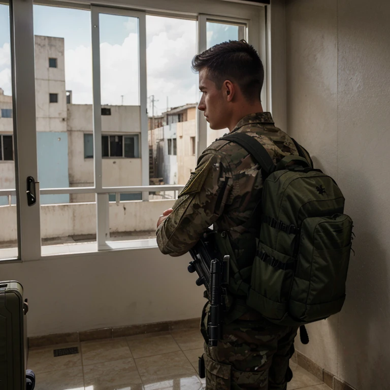 Young gringo military man going to war with suitcase looking at a window sad