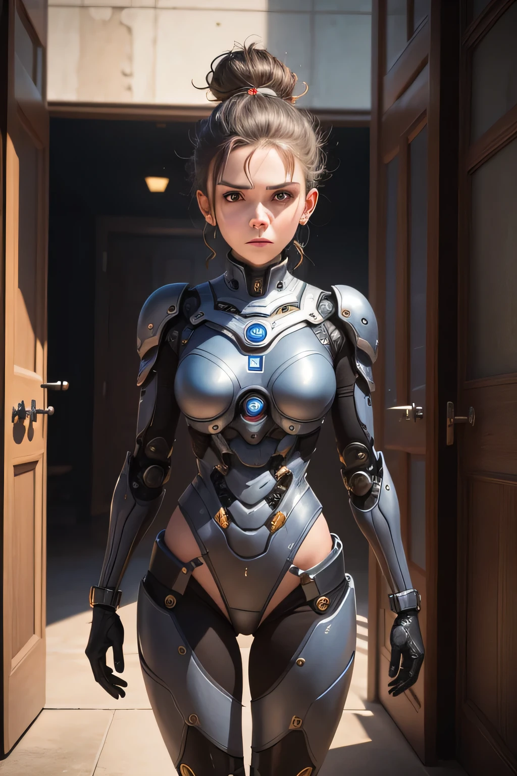 A middle-aged woman who was transformed into a robot mechanical body mechanical limbs Behind her stands a boy of about 10 years old. The background is the entrance, makeup, crazy, expressionless, UHD, retina, masterpiece, ccurate, anatomically correct, textured skin, super detail, high details, high quality, award winning, best quality, highres