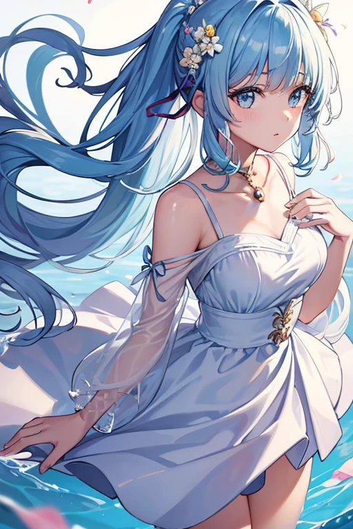 (masterpiece), (highest quality), (super detailed),(messy hair),(figure), (1 girl), (fashionable clothes), Are standing, Fashion Model, looking at the viewer, (interview), (simple background),detailed and beautiful eyes, delicate beautiful face, floating,(high color saturation),(colorful splashes),colorful bubble,(shining), focus on face, ponytail, kamisato ayaka, light blue hair, bangs, hair ring, floating flowers, Floating hair, (shining), best writing, best shadow,