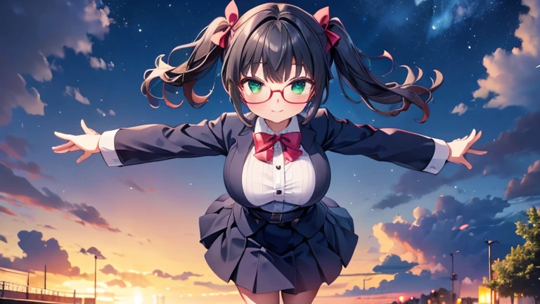 　highest quality,wonderful,finely,extremely detailed CG unity 8k wallpaper,written boundary depth,1 girl, big breasts,(outstretched arms:1.3), black hair, glasses, green eyes,twin tails,full body, highest quality,Super detailed,unity 8k wallpaper,game CG,