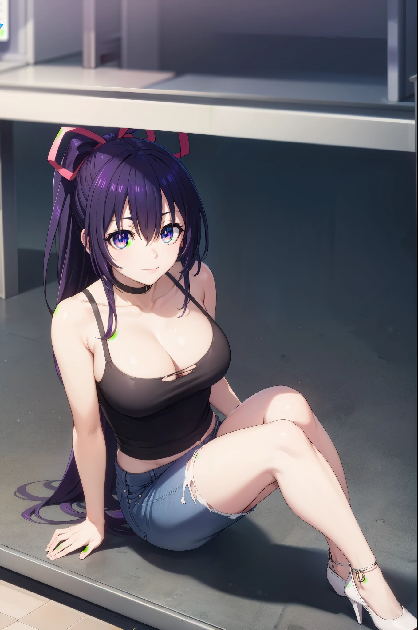 tohkayatogami, tohka yatogami casual, long hair, purple hair, alluringly smile,tight crop top, white top, bubble sleeves, short sleeves, square neck, cleavage, fabric choker, jeans , torn jeans, tight jeans (purple eyes:1.1), hair ribbon, ponytail, purple hair, white ribbon,g cup breasts, plump butt , low heels 
BREAK ,
BREAK indoors, office, alone, sitting, sitting on table, hand on desk , low heels,
BREAK looking at viewer, elegant poses, cheeks rest, confident, full body view, head to toe view, 
BREAK (masterpiece:1.2), best quality, high resolution, unity 8k wallpaper, (illustration:0.8), (beautiful detailed eyes:1.6), extremely detailed face, perfect lighting, extremely detailed CG, (perfect hands, perfect anatomy),