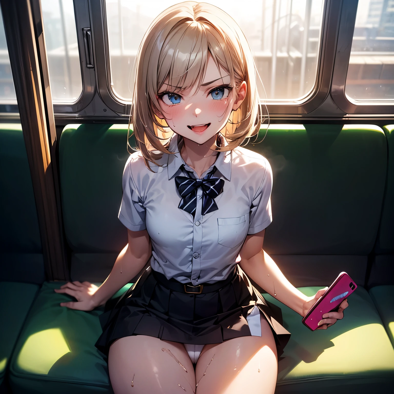 best quality,ultra-detailed,high resolution,extremely detailed CG,perfect anatomy,detailed,cinematic lighting,beautiful detailed eyes,ultra high res,cowboy shot,NSFW,1girl,ars old,gleaming skin,oil skin,gold hair,small breasts,sweat,humid,trembling,strong light coming in,spot lighting,bright,,strong facial expression,(sharp eye:1.2),(scowl:1.1),(stare at viewer with stern eyes:1.5),on the train, train interior, front view of front seat,(looking away:1.4) ,(staring at smartphone:1.7),(sitting:1.3),(skirt:1.3), show off panties, white panties, (cameltoe:1.2), cowboy shot,silver hair,(seductive smile:1.8),(sweat:1.2),(open mouth:1.3),
