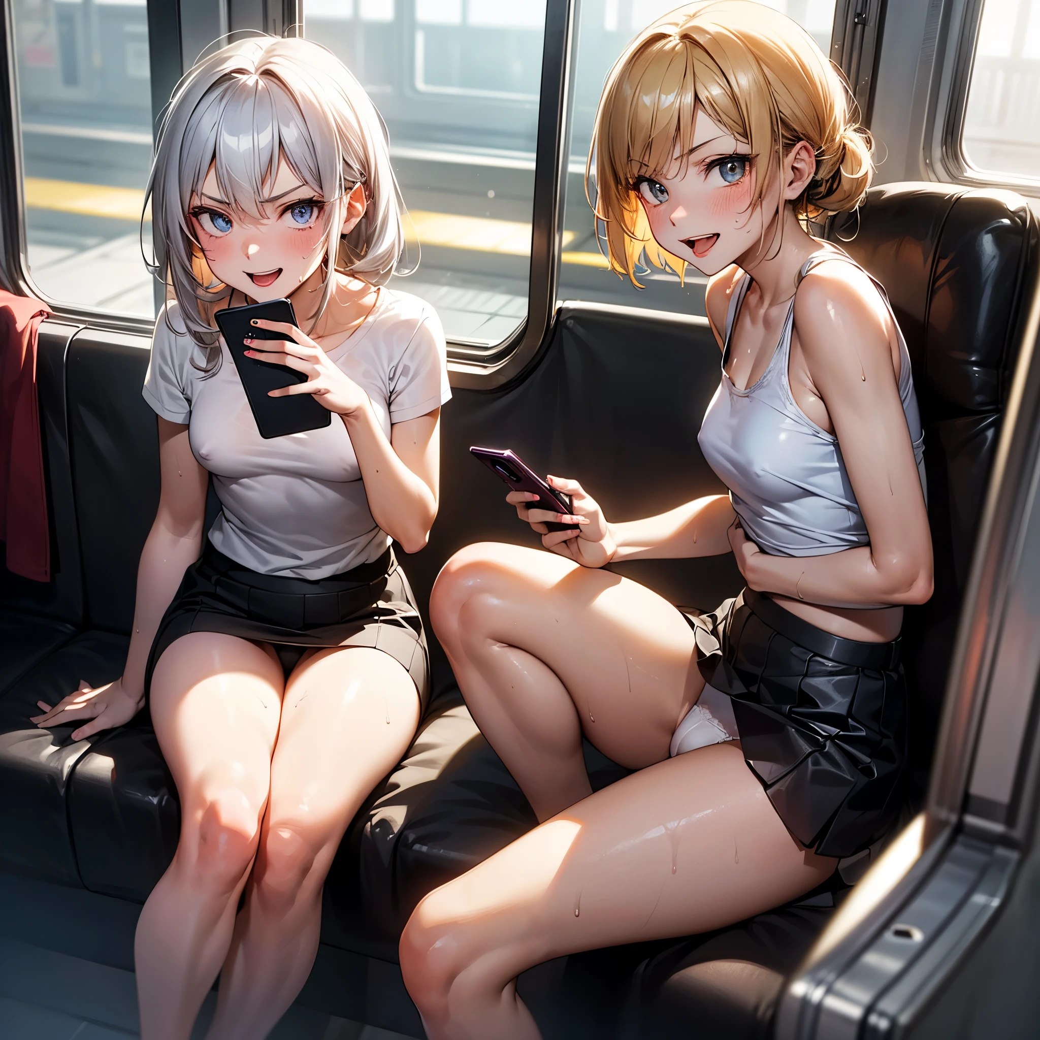 best quality,ultra-detailed,high resolution,extremely detailed CG,perfect anatomy,detailed,cinematic lighting,beautiful detailed eyes,ultra high res,cowboy shot,NSFW,1girl,15years old,gleaming skin,oil skin,gold hair,small breasts,sweat,humid,trembling,strong light coming in,spot lighting,bright,,strong facial expression,(sharp eye:1.2),(scowl:1.1),(stare at viewer with stern eyes:1.5),on the train, train interior, front view of front seat,(looking away:1.4) ,(staring at smartphone:1.7),(sitting:1.3),(skirt:1.3), show off panties, white panties, (cameltoe:1.2), cowboy shot,silver hair,(seductive smile:1.8),(sweat:1.2),(open mouth:1.3),